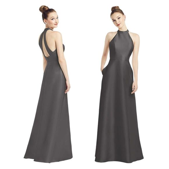 ALFRED SUNG High Neck Cut-out Back Gown with Pockets in Caviar Grey - Picture 1 of 10